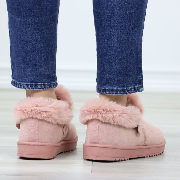 Faux Pink Suede Fuzzy Warm Ankle Booties Super Cozy Fully Lined - Picture 7 of 13